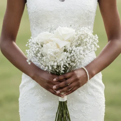 Bridal bouquet cost inspiration featuring creamy ivory roses, delicate baby's breath, fresh green stems, and a white ribbon handle held by a bride in a lace wedding gown.