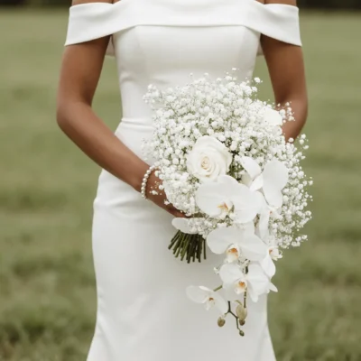 Bridal flowers bouquets with cascading white orchids, a creamy white rose, delicate baby's breath, green stems, and a bride wearing an elegant white off the shoulder wedding dress.