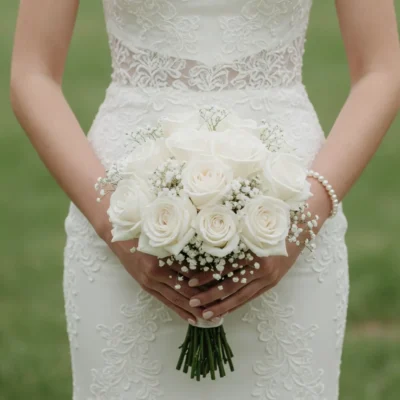 Baby's Breath Wedding Bouquets with ivory white roses and delicate baby's breath for an elegant bridal bouquet