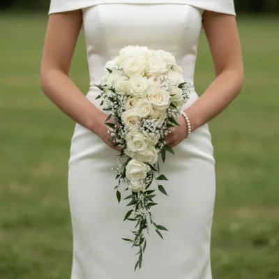 Wedding flowers prices for ivory rose cascading bridal bouquet with baby's breath and trailing greenery
