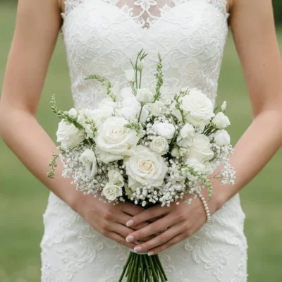 Baby's Breath Wedding Bouquets with white roses and delicate garden flowers for a romantic bride