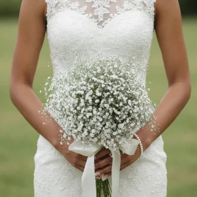 Baby's Breath Wedding Bouquets with delicate white flowers and satin ribbon for a romantic bridal look