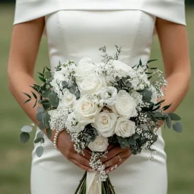 Blue and white wedding bouquets inspiration with white roses baby’s breath and eucalyptus greenery for a romantic bride