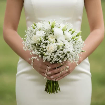 Popular wedding bouquets with white roses, lisianthus, baby's breath, and cascading greenery for a romantic bride