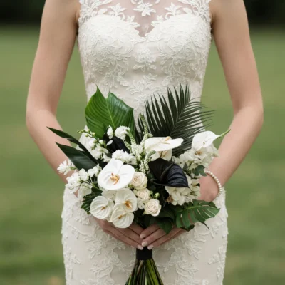 Tropical bridal flowers bouquet with white anthuriums, white roses, black calla lilies and dramatic green palm leaves