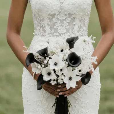 Popular wedding bouquets featuring black calla lilies, white anemones, delicate white flowers and a black ribbon for an elegant bride