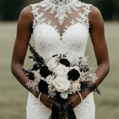 Bridal flowers bouquets with black and white roses, delicate white filler flowers, dark foliage, and black ribbon for an elegant wedding