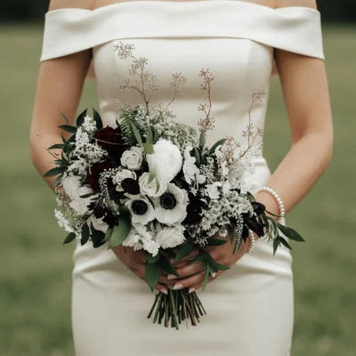 Popular wedding bouquets with white roses, dark burgundy flowers, black-centered anemones, airy white blooms, and green foliage
