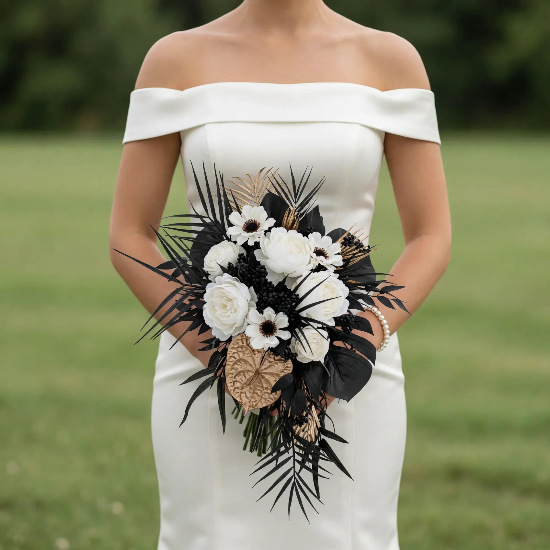 Black and White Wedding Bouquet with Gold Accents