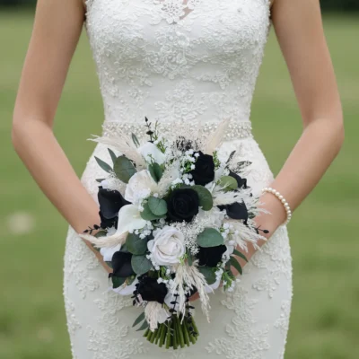 Boho style flowers bridal bouquet with black roses, white roses, delicate white blooms, dried grasses, and green foliage