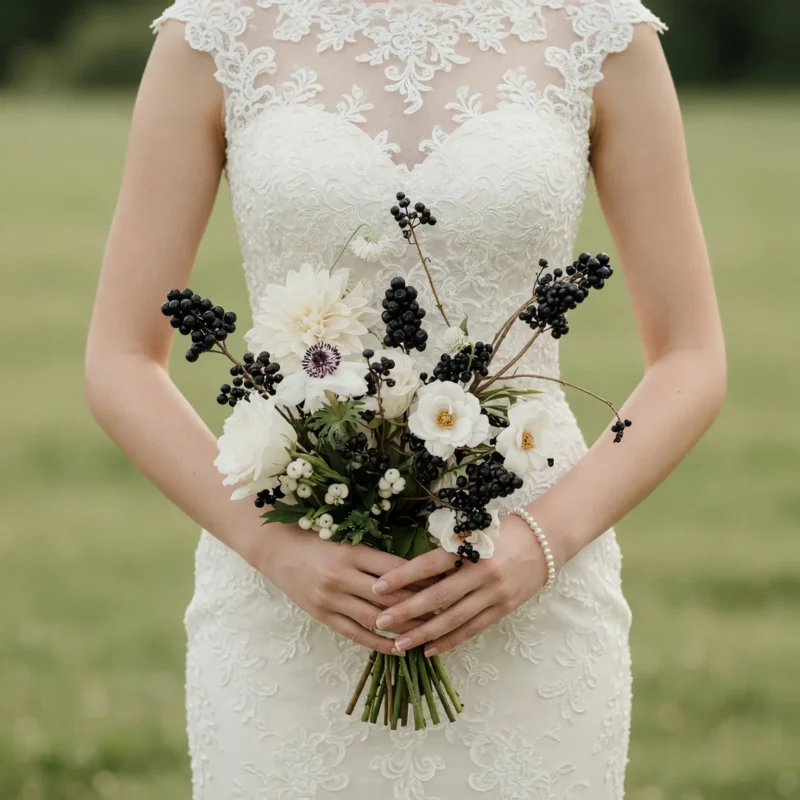 Black and White Wedding Bouquets Midnight Berries and Ivory Blooms