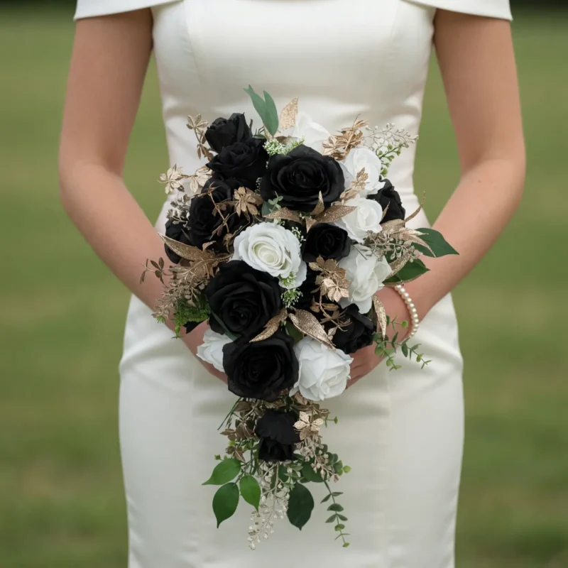 Black and White Wedding Bouquets Midnight Roses and Golden Leaves