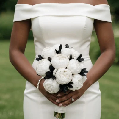 Bridal flowers bouquets with ivory peony style blooms, dark foliage, and elegant white wedding flowers for a sophisticated bride