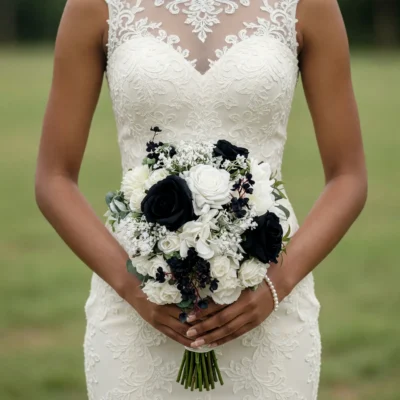Bridal flowers bouquets with ivory roses, black roses, white filler flowers, and greenery in an elegant modern wedding bouquet