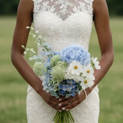 bridal flowers bouquets with blue hydrangeas white cosmos and delicate garden blooms held by a bride in a lace wedding dress