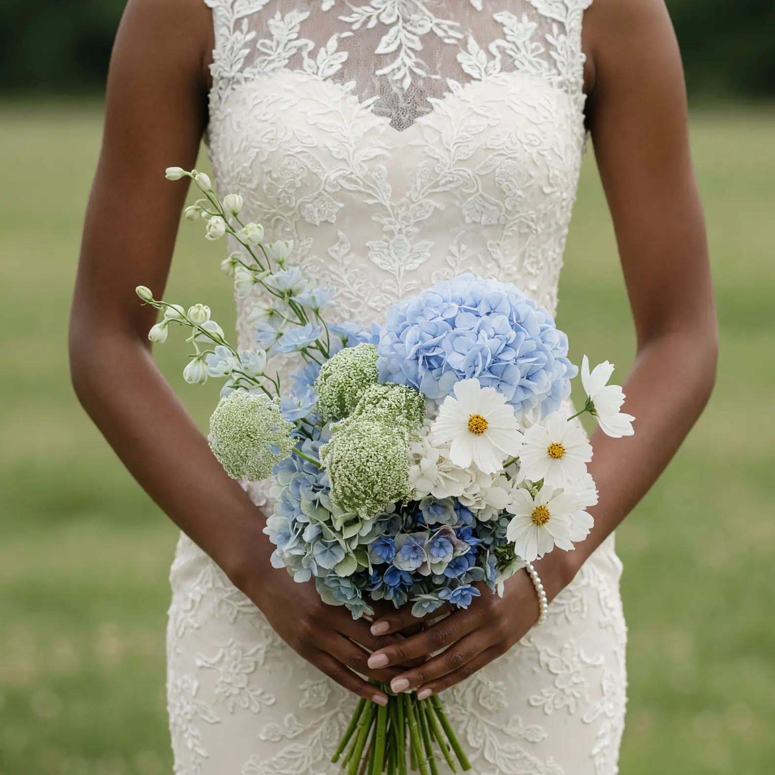 Blue Hydrangea and Cosmos Bridal Bouquet