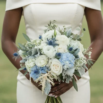 bridal flowers bouquets with white roses blue hydrangeas blue thistles and silver greenery held by a bride in a white wedding dress