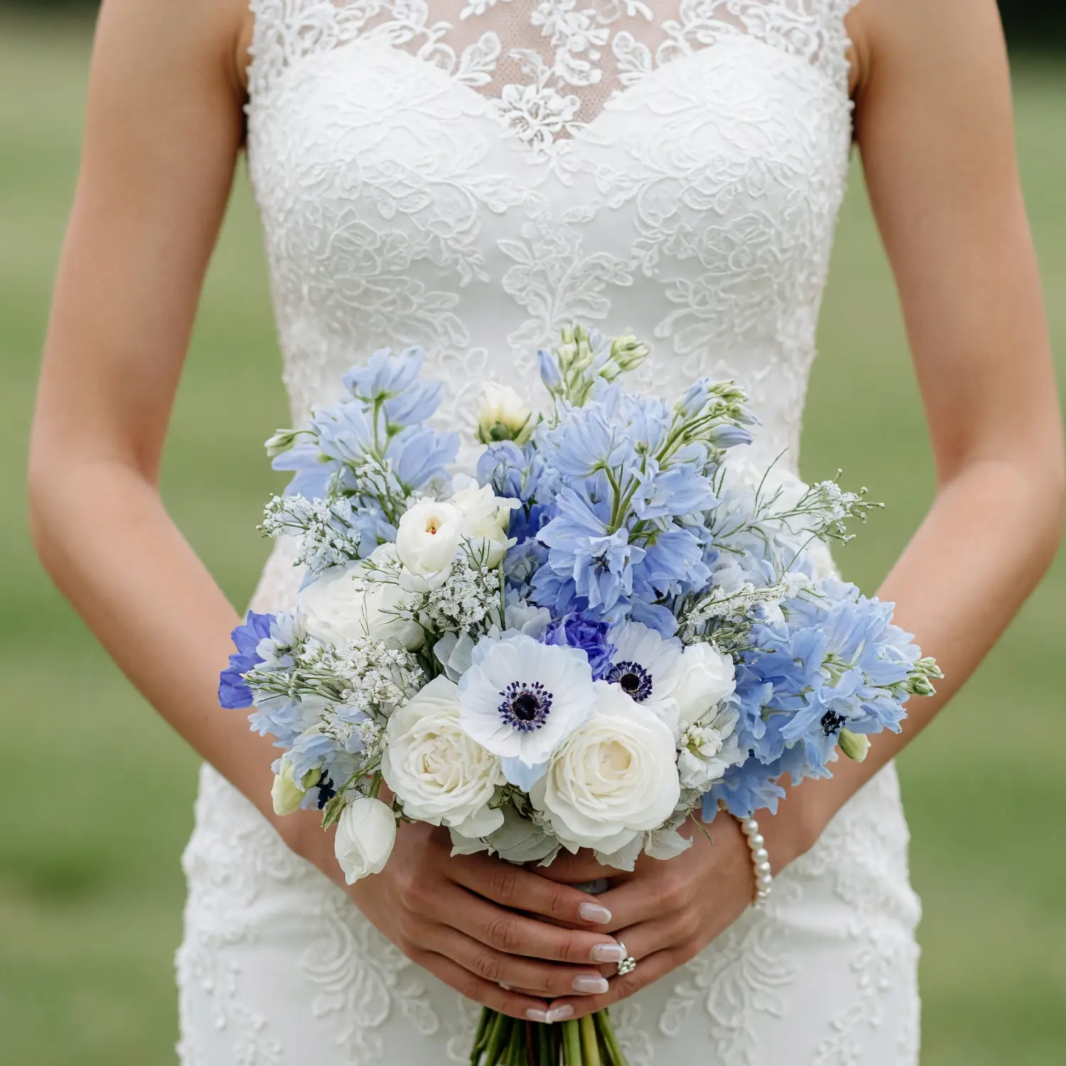 Pale Blue Anemone and White Rose Bridal Bouquet