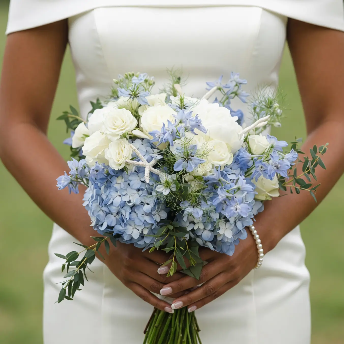 Blue Hydrangea and White Rose Garden Bridal Bouquet