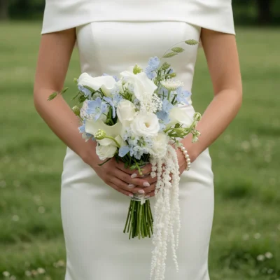 Bridal flowers bouquets with white roses blue flowers calla lilies and cascading white blooms for an elegant wedding