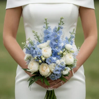 Popular wedding bouquets with soft blue flowers white roses delicate buds and green foliage for an elegant bridal look