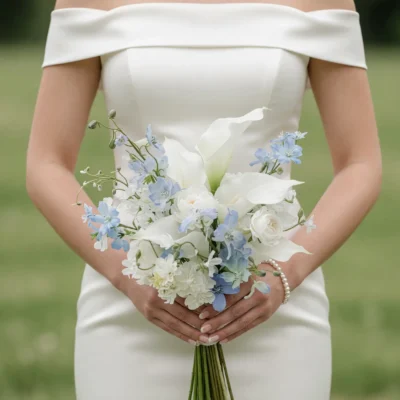 Wedding flowers bridal bouquet prices with white calla lilies and soft blue flowers