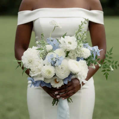 Bridal flowers bouquets with white roses, soft blue flowers, delicate greenery, and a flowing white ribbon