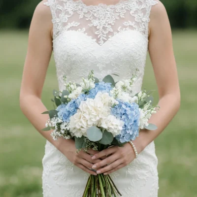 Bridal flowers bouquets with blue and white hydrangeas baby's breath and eucalyptus for an elegant wedding