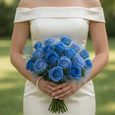 Bridal flowers bouquets with blue roses in deep and pale shades, delicate filler flowers, and greenery held by a bride in a white wedding dress