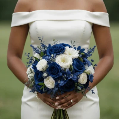 Popular wedding bouquets featuring deep blue and creamy white rose-like blooms with delicate floral accents, held by a bride in a white wedding dress