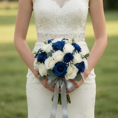 Bridal flowers bouquets with navy blue and ivory roses for an elegant wedding bride