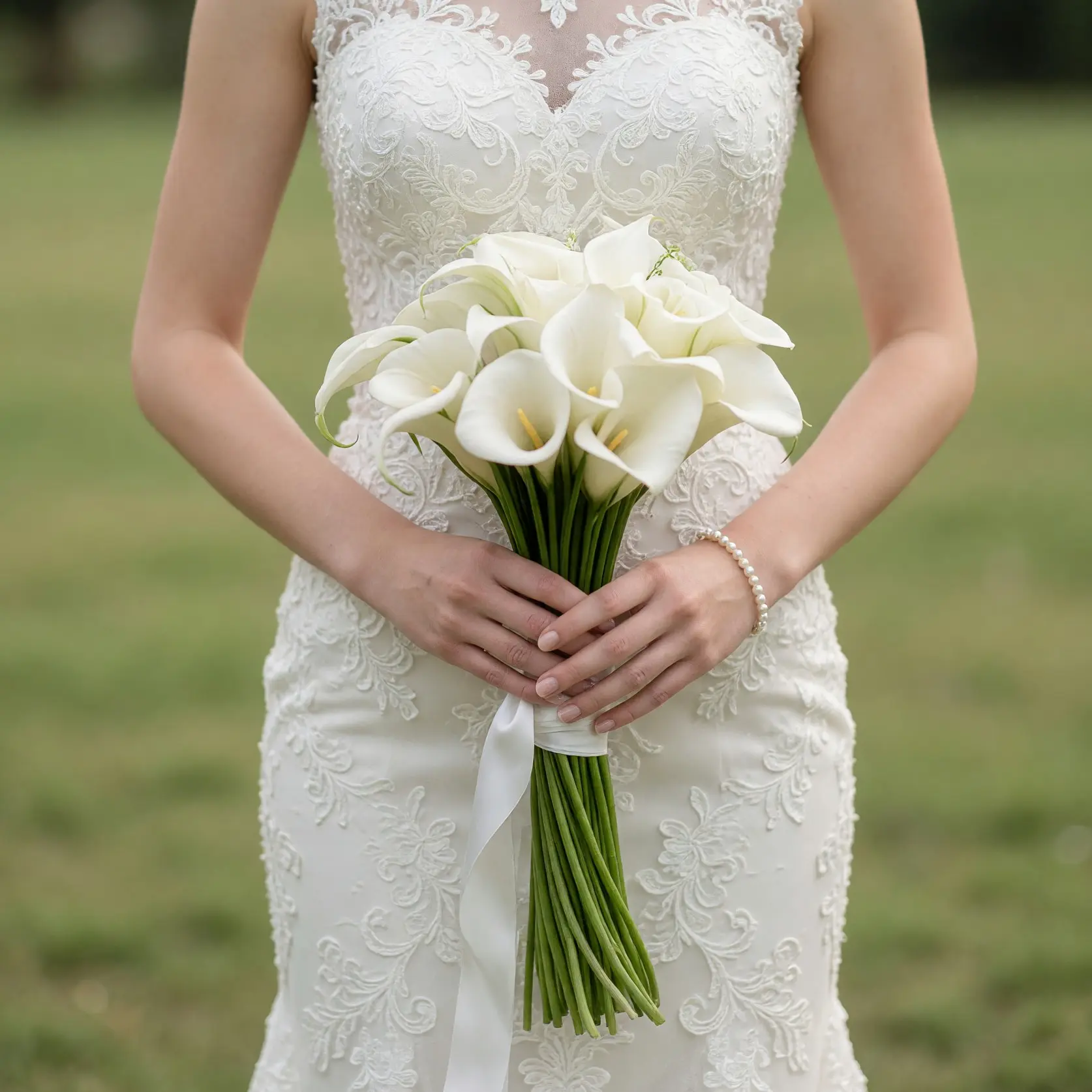 Calla Lily Wedding Bouquets with elegant ivory calla lilies, long green stems, and a white ribbon held by a bride in a lace wedding dress.
