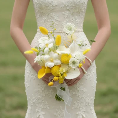 Boho style flowers wedding bouquet with white and yellow calla lilies, delicate white blooms, yellow accents, greenery, and a flowing white ribbon held by a bride.