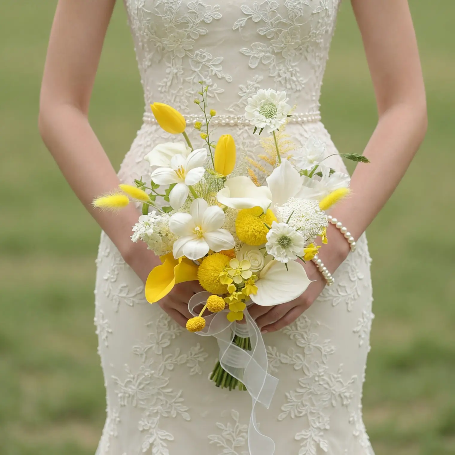Boho style flowers wedding bouquet with white and yellow calla lilies, delicate white blooms, yellow accents, greenery, and a flowing white ribbon held by a bride.