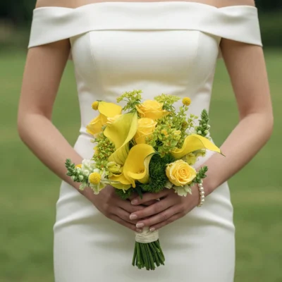 Bride holding a yellow calla lily wedding bouquet with yellow roses, small round yellow blooms, pale flowers, and fresh green foliage against a white wedding dress.