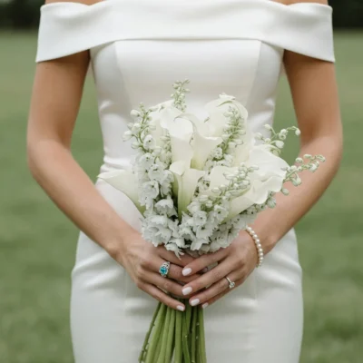 Bride holding a white calla lily wedding bouquet with delicate white flowers, unopened buds, and long green stems against an elegant white wedding dress.