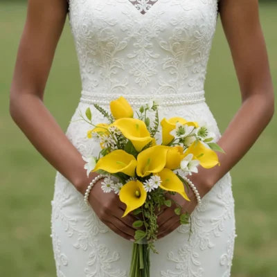 Bride holding a yellow calla lily wedding bouquet with delicate white daisy like flowers, pale blooms, fresh greenery, and long natural stems against a lace wedding dress.