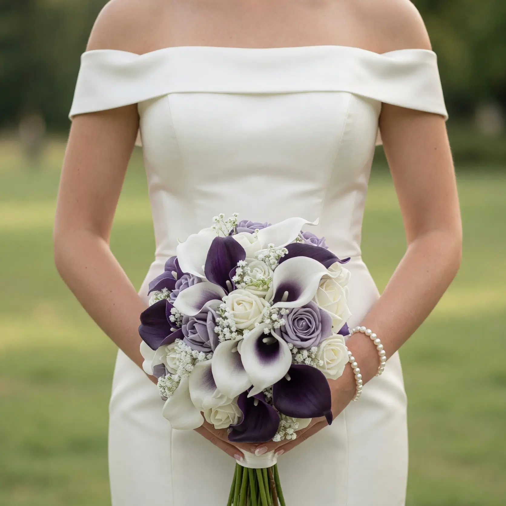 Bride holding a wedding bouquet with deep purple and white calla lilies, white roses, lavender roses, and delicate white filler flowers against a white gown.