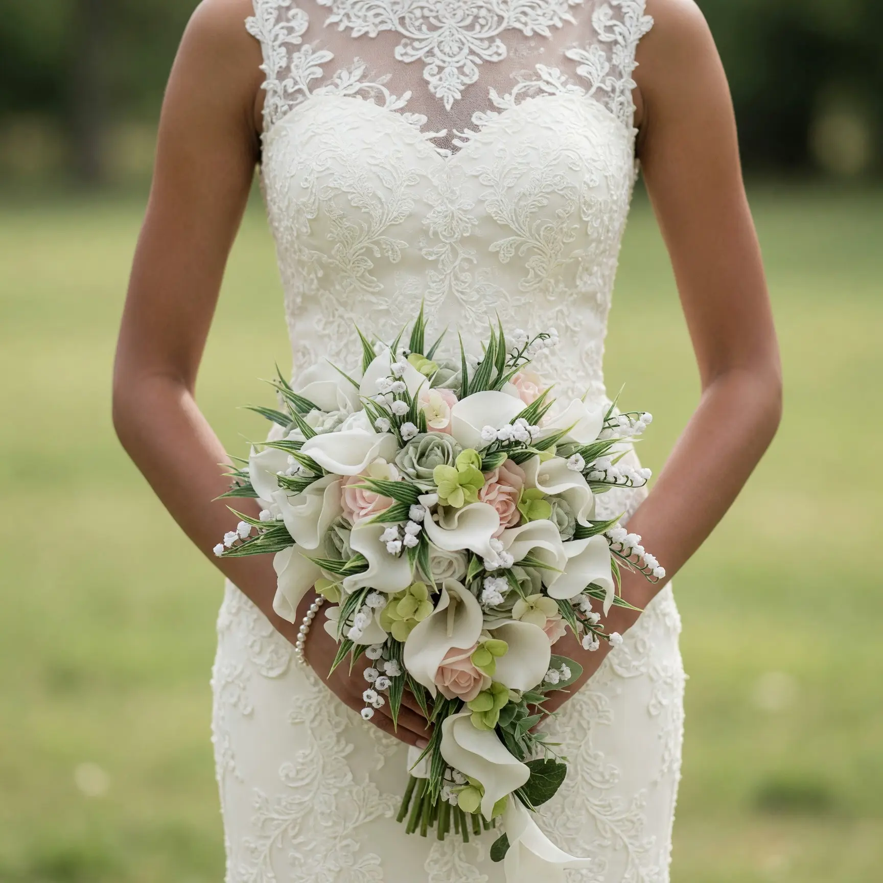 Bride holding a white calla lily wedding bouquet with blush roses, delicate white filler flowers, soft green accents, and fresh greenery against a lace wedding dress.