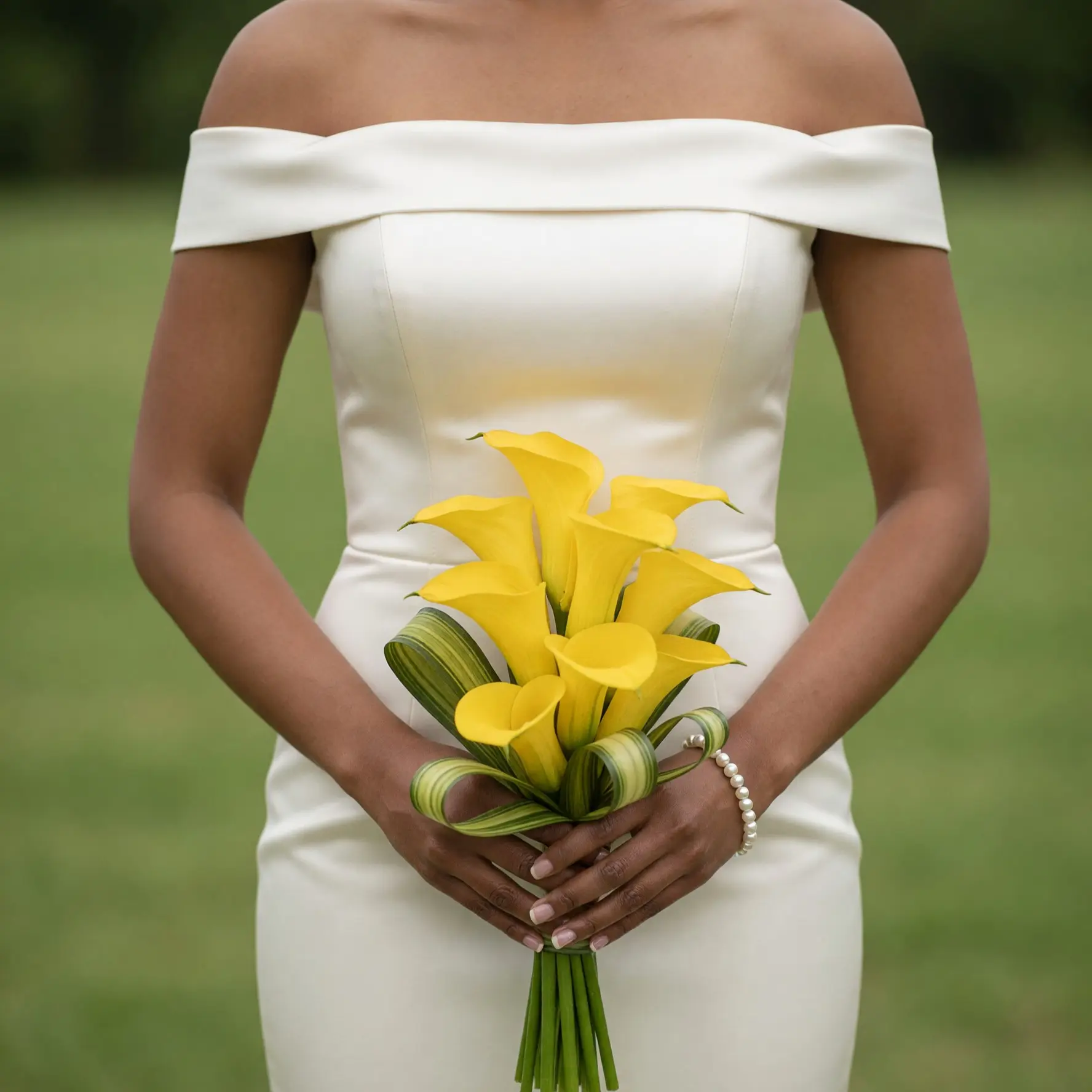 Bride holding a minimalist yellow calla lily wedding bouquet with curved green variegated foliage and long natural stems against a white bridal gown.