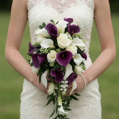 Plum and ivory Calla Lily Wedding Bouquets with white roses and greenery for an elegant bride