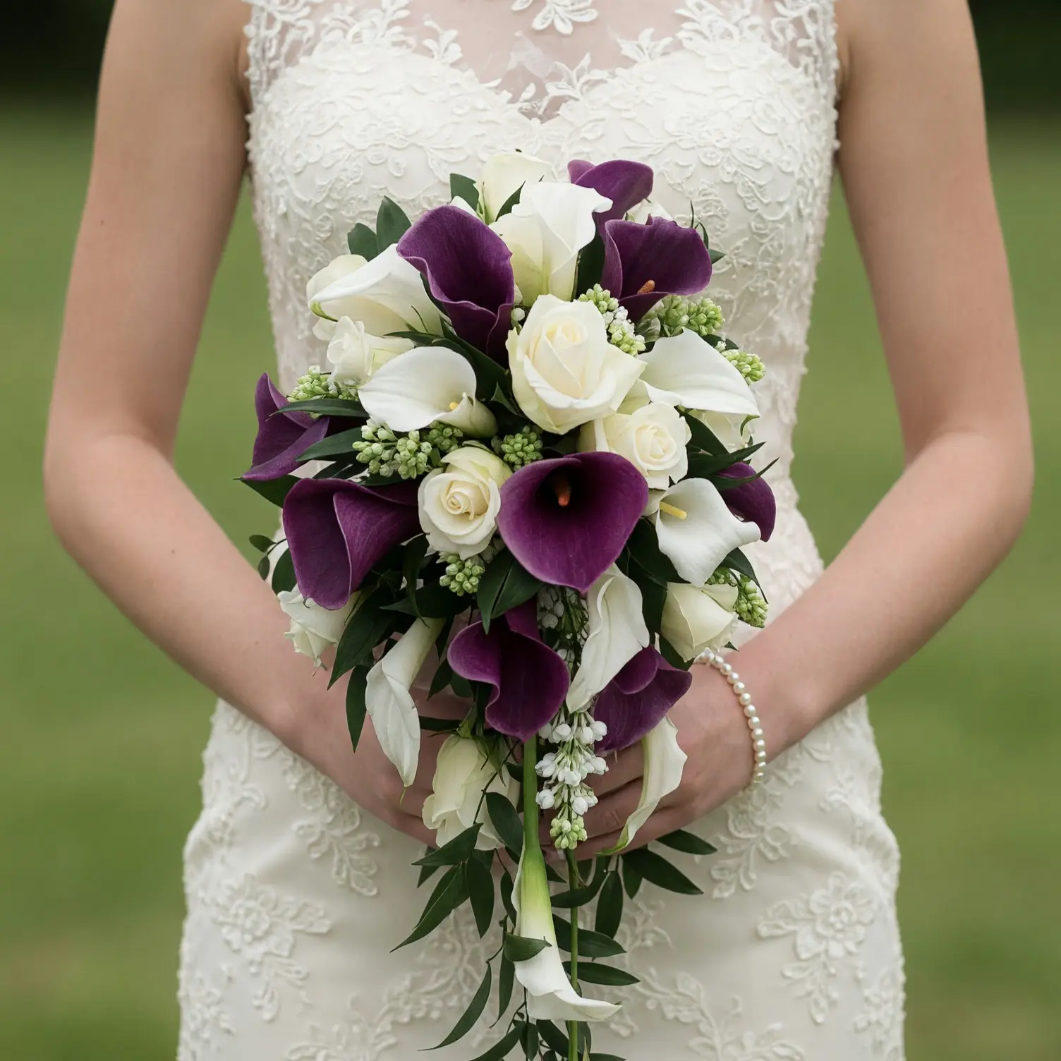 Plum and ivory Calla Lily Wedding Bouquets with white roses and greenery for an elegant bride