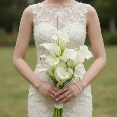 Bridal flowers bouquets with elegant ivory calla lilies for a romantic wedding bride