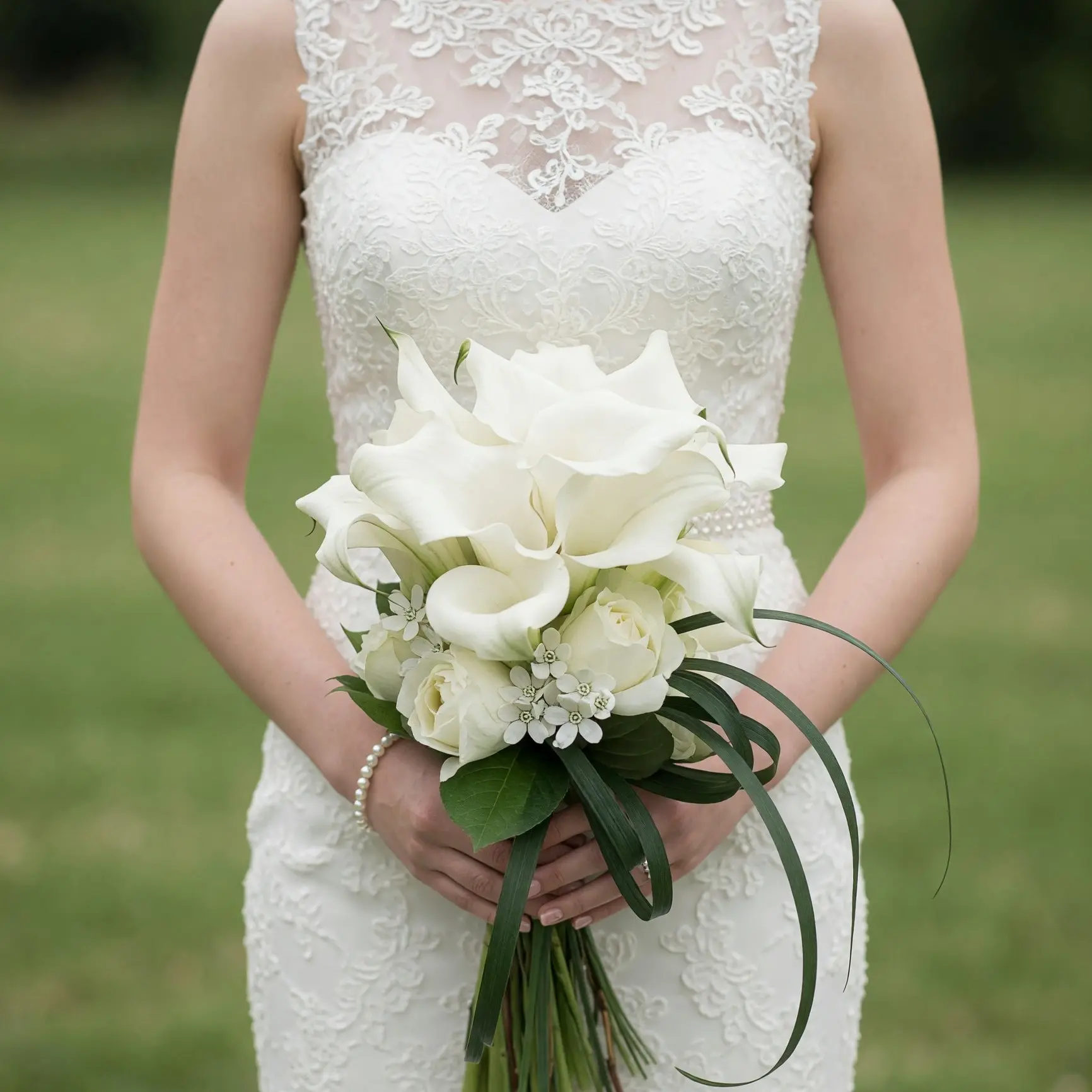 Calla Lily Wedding Bouquets with white calla lilies, ivory roses, delicate accent flowers, and elegant greenery for a timeless bridal look