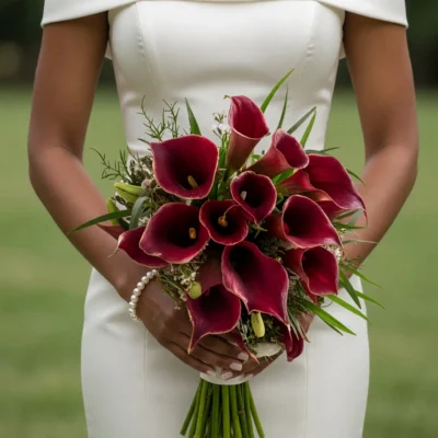 Calla Lily Wedding Bouquets with deep crimson calla lilies and elegant greenery for a romantic bride