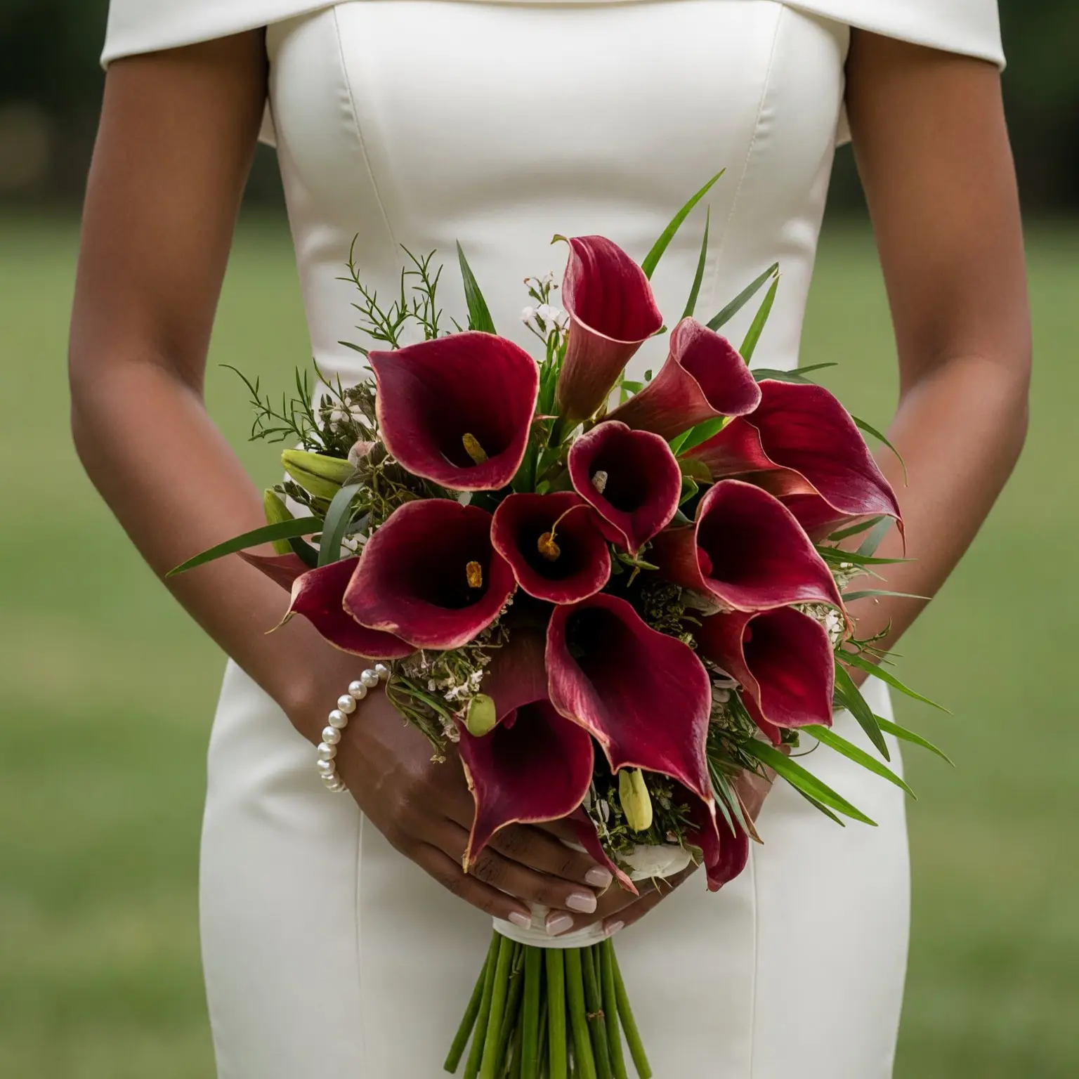 Calla Lily Wedding Bouquets with deep crimson calla lilies and elegant greenery for a romantic bride