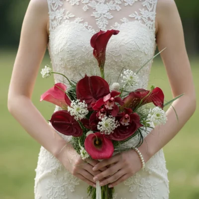 Popular wedding bouquets with burgundy calla lilies, white flowers, airy greenery, and elegant bridal styling