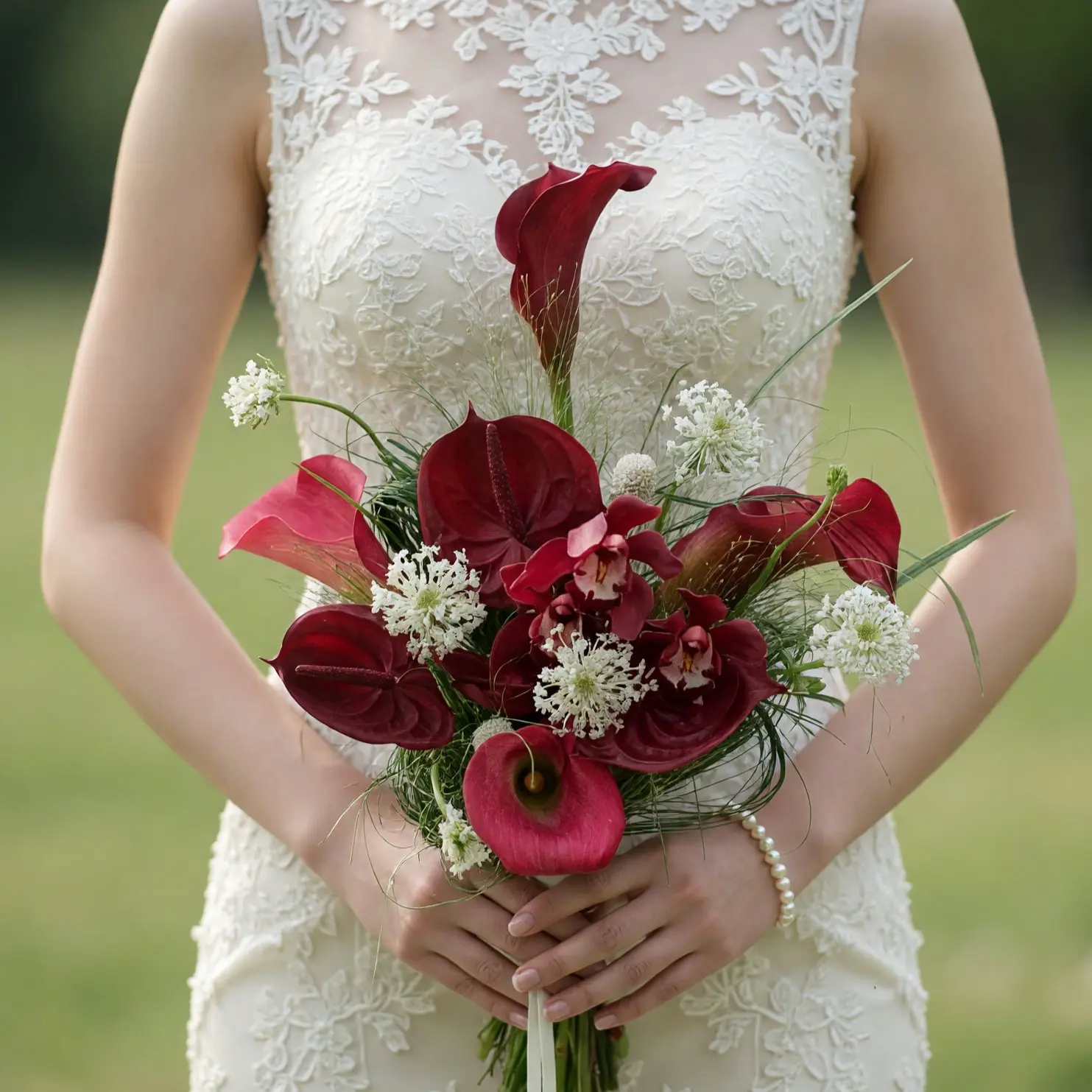 Popular wedding bouquets with burgundy calla lilies, white flowers, airy greenery, and elegant bridal styling