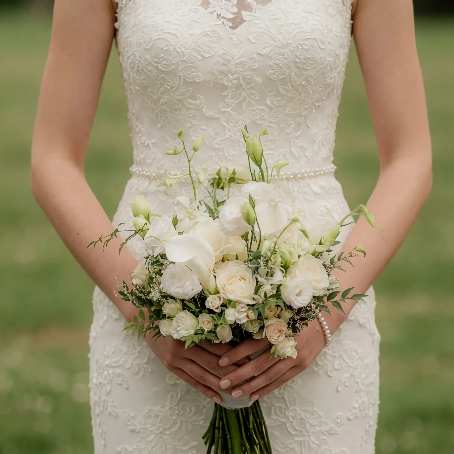 Bridal flowers bouquets with ivory calla lilies, white roses, delicate lisianthus, and fresh greenery held by a bride