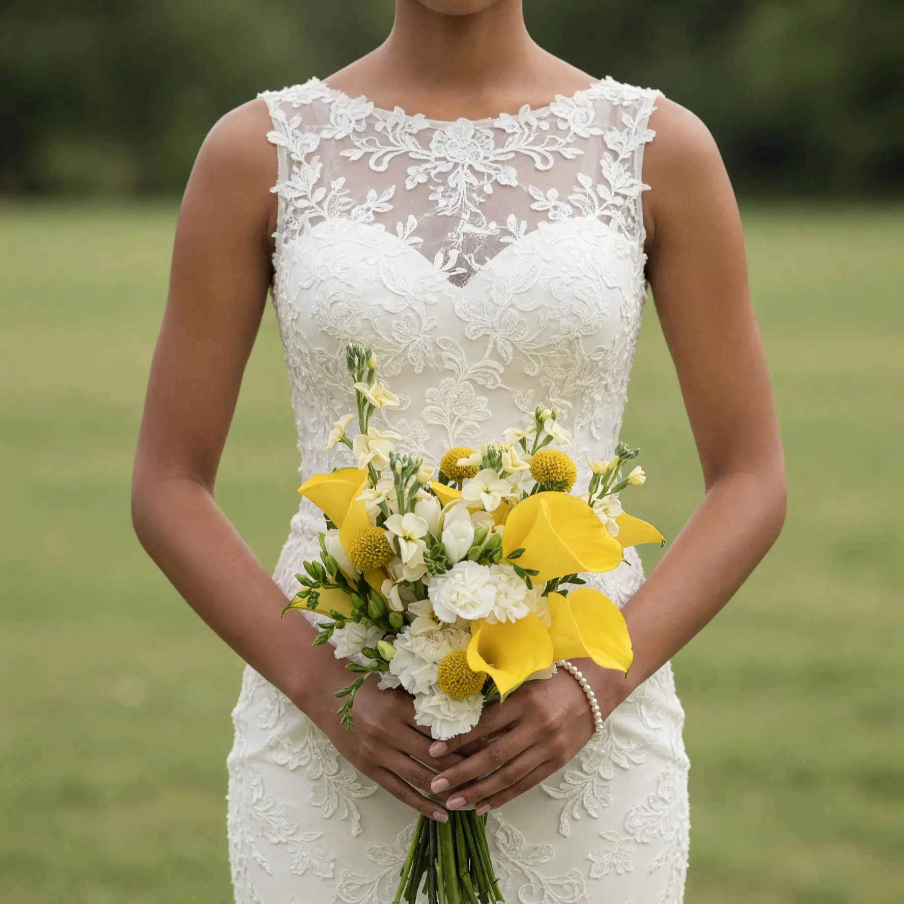 Budget wedding bouquets with bright yellow calla lilies, white bridal flowers, textured yellow blooms, and fresh greenery